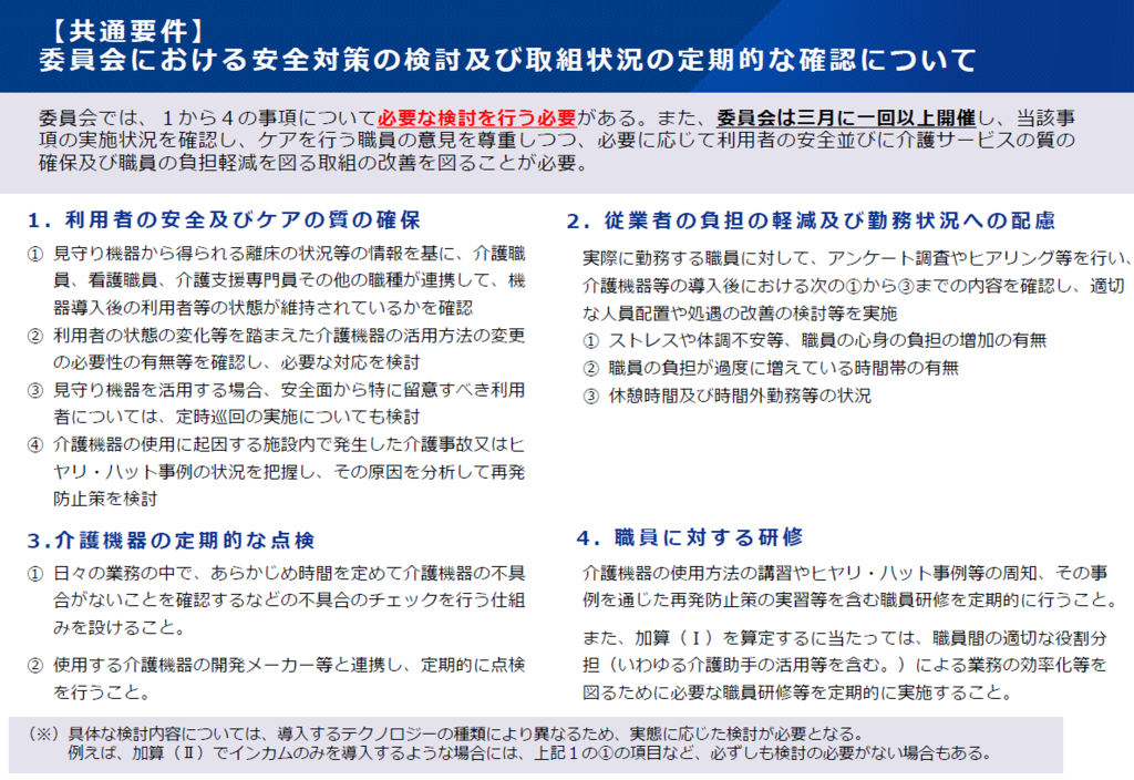 【共通要件】委員会における安全対策の検討及び取り組み状況の定期的な確認について※出典資料：厚生労働省　生産性向上推進体制加算について（説明資料）